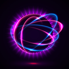 Vector light effect. The object s light stroke. Circular lens flare. Abstract rotational lines. Power energy element. Luminous sci-fi. Shining neon lights cosmic abstract frame. Magic round frame.