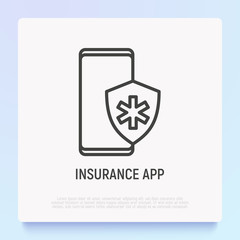 Medical insurance app on smartphone. Thin line icon. Modern vector illustration.