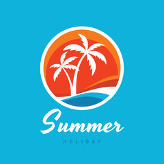 Fototapeta premium Summer holiday - concept business logo vector illustration in flat style. Tropical paradise creative badge. Palms, island, beach, sunrise, sea wave. Travel webbanner or poster. Graphic design element.