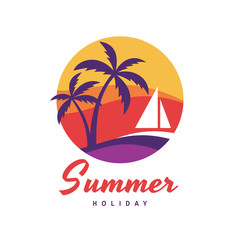 Fototapeta na wymiar Summer holiday - concept business logo vector illustration in flat style. Tropical paradise creative badge. Palms, island, beach, sunrise, sea wave. Travel webbanner or poster. Graphic design element.