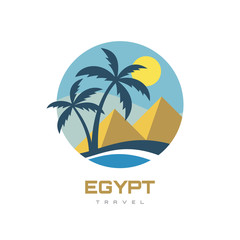Naklejka premium Egypt - landscape with pyramids. Summer holiday concept business logo vector illustration in flat style. Tropical paradise creative badge. Palms, island, beach, sea wave. Travel webbanner or poster. 