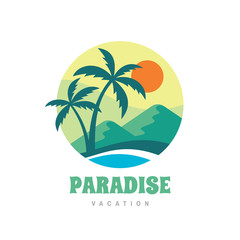 Obraz premium Paradise vacation - concept business logo vector illustration in flat style. Tropical summer holiday creative badge. Palms, island, beach, sea wave. Travel webbanner or poster. Graphic t-shirt design.