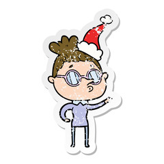 distressed sticker cartoon of a woman wearing glasses wearing santa hat