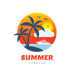 Obraz premium Summer holiday - concept business logo vector illustration in flat style. Tropical paradise creative badge. Palms, island, beach, sunrise, sea wave. Travel webbanner or poster. Graphic design element.