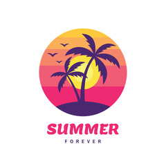 Fototapeta premium Summer forever - concept business badge vector illustration in flat style. Tropical holiday paradise creative logo. Palms, beach, sunset. Travel web banner or poster. 