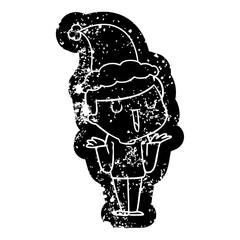 cartoon distressed icon of a happy boy with no worries wearing santa hat