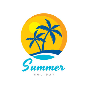 Summer holiday - concept business logo vector illustration in flat style. Tropical paradise creative badge. Palms, island, beach, sea wave. Travel webbanner or poster. Graphic design element. 
