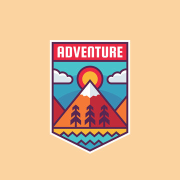 Adventure mountain - concept badge vector illustration. Expedition explorer creative logo in flat style. Discovery outdoor sign. Extreme exploration emblem. Summer camping. Graphic design element. 