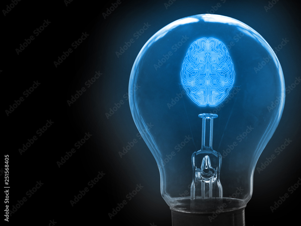 Poster abstract mechanic artificial intelligence android brain in light bulb. concept of getting new idea u