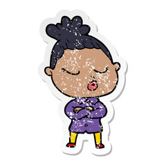 distressed sticker of a cartoon calm woman