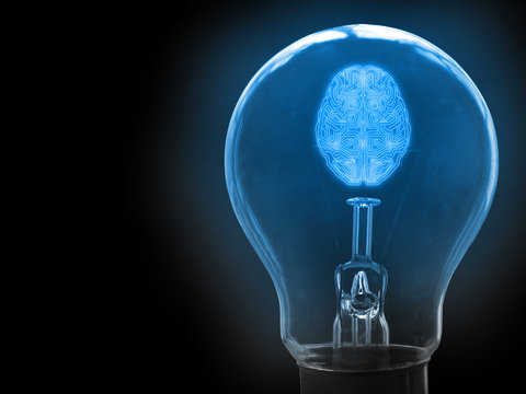 Abstract Mechanic Artificial Intelligence Android Brain In Light Bulb. Concept Of Getting New Idea Using AI To Facilitate. For Technology Background, Big Data, Machine Learning Usage.