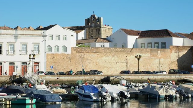 View over Marina towards Se Cathedral, Faro, Algarve, Portugal