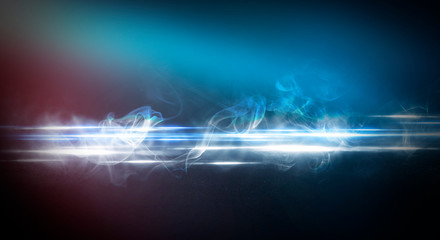 Wet asphalt, reflection of neon lights, a searchlight, smoke. Abstract light in a dark empty street with smoke, smog. Dark background scene of empty street, night view, night city.