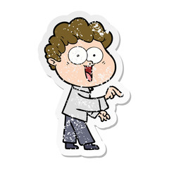 distressed sticker of a cartoon happy man