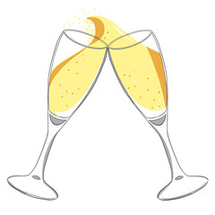 Two glasses with champagne clink glasses with a splash. New year. Isolated.