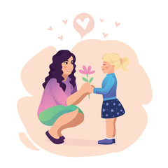 Daughter gives a flower to mom. Vector illustration of a flat design.
