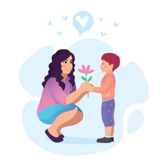 Daughter gives a flower to mom. Vector illustration of a flat design.