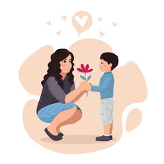 Daughter gives a flower to mom. Vector illustration of a flat design.