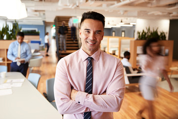 Portrait Of Businessman In Busy Modern Office With Blurred Colleagues Working In Background