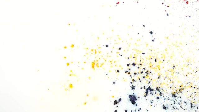 Close-up of bright colorful powder spots on white liquid surface. Art and painting.
