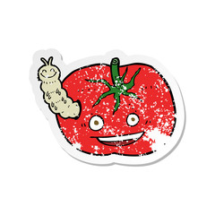 retro distressed sticker of a cartoon tomato with bug