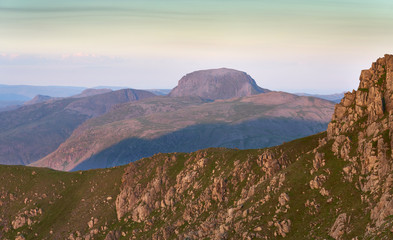 Views of Great Gable from Scoat Fell at sunset In the English Lake District, UK.