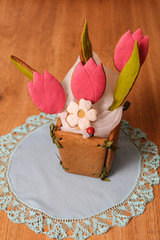 Homemade Ginger Cookies in the shape of a basket of tulip flowers on the blue napkin on wooden background. Closeup view
