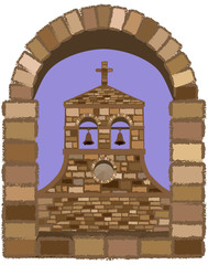 Fototapeta premium View from the arched stone window of the medieval church in romanesque style, vector illustration