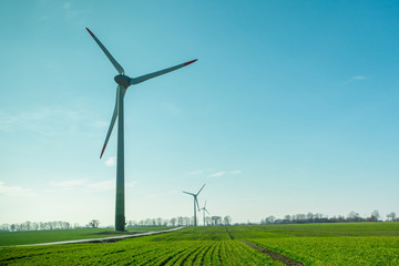 wind generators on a green field under a blue sky on a bright sunny day