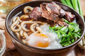 Japanese Udon noodles with beef, egg, green onion and soup