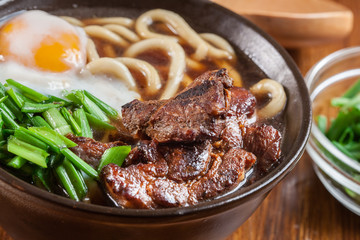 Japanese Udon noodles with beef, egg, green onion and soup
