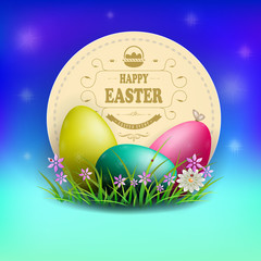 Illustration of a blue shade with a round frame and a set of Easter eggs,