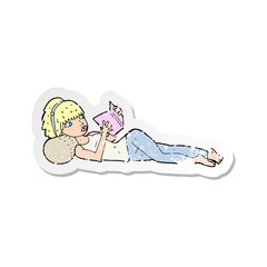 retro distressed sticker of a cartoon pretty woman reading book