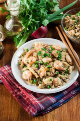 Fried rice with shrimp and vegetables served on a plate