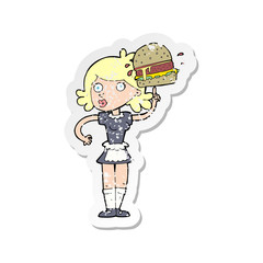 retro distressed sticker of a cartoon waitress with burger