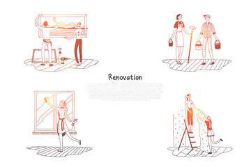 Renovation - people cleaning and decorating their apartments vector concept set