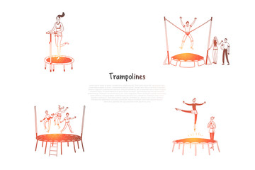Fototapeta premium Trampolines - happy people jumping on trampolines vector concept set