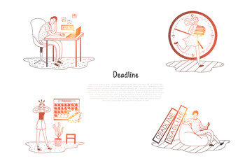 Deadline - frustrated and stressed people thinking about work deadline vector concept set