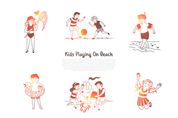 Kids playing on beach - children making figures from sand, catching butterflies, playing with ball, jumping, swimming vector concept set