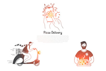 Fototapeta premium Pizza delivery - ordering pizza from mobile phone, cooking and delivery vector concept set