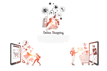 Online shopping - people ordering and making purchase via mobile shopping vector concept set