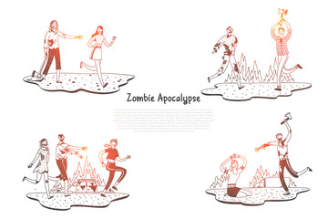 Zombie apocalypse - zombies scarying and fighting with people vector concept set