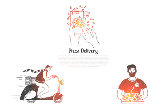 Pizza delivery - ordering pizza from mobile phone, cooking and delivery vector concept set