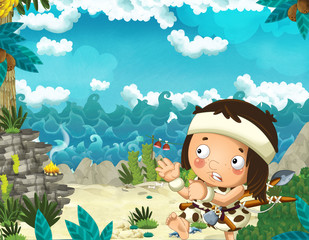 cartoon stone age scene with cavemen living near sea shore hunting and fishing - illustration for the children