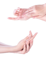 Beautiful and elegant adult woman empty hands side isolated on white background, concept of applying moisturizing cream, body care, manicure, close up, clipping path