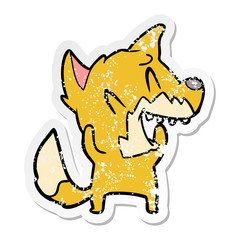 distressed sticker of a laughing fox cartoon