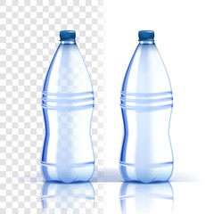 Plastic Bottle Vector. Recycle Beverage. Bluer Classic Water Bottle With Cap. Container For Drink, Beverage, Liquid, Soda, Juice. Branding Design. Realistic Isolated Transparent Illustration