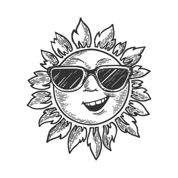 Cartoon sun with face in sunglasses sketch engraving vector illustration. Scratch board style imitation. Black and white hand drawn image.