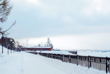 frozen river, cargo port and quay