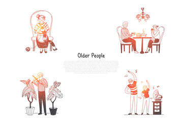 Older people - elderly people knitting, drinking tea, playing violin and making exercises with grandchildren vector concept set
